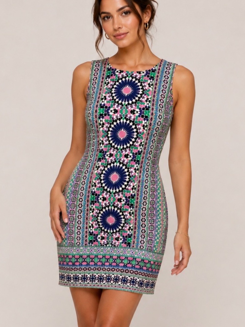 London Times Navy, Pink & Green Printed Sheath Dress